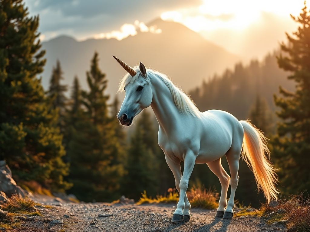A majestic white unicorn with a shimmering golden horn stands gracefully on a serene mountain path, surrounded by lush pine trees and softly illuminated by golden sunlight filtering through the clouds, shot with a Nikon D850, f/5.6 aperture, 50mm lens, natural light, high dynamic range.