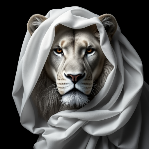 A hyper-realistic digital portrait of an lion with fabric draped over its head. The fabric is sheer and lightweight, allowing the contours of the lion’s face to show through, including its ears, eyes, and nose. The texture of the fabric is smooth and flowing, with delicate folds and creases that suggest softness and movement. The lion’s expression is serene and contemplative. The image focuses on the interplay of light and shadow on the fabric and the lion's face, creating a monochromatic palette of whites and grays. The background is a simple, nondescript dark shade to highlight the subject.