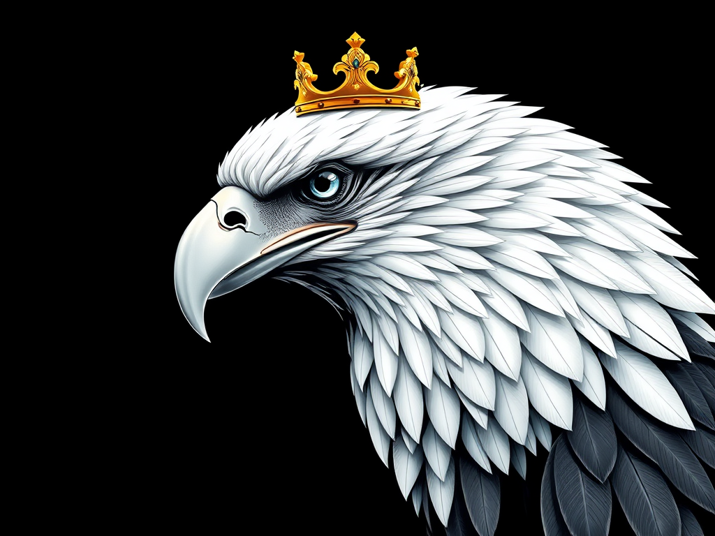 Regenerate a detailed illustration of a white eagle with a crown, featuring intricate feather patterns, set against a solid black background, using a DSLR camera with a 50mm lens, aperture f/1.8, ISO 100, and low-angle view for enhanced image quality and depth.