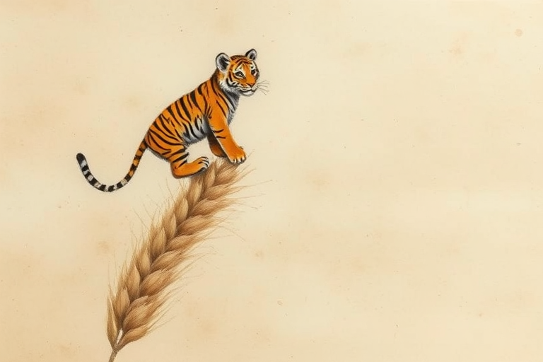 Soft, muted Alcohol Ink with ebru effect background image of tiny whimsical tiger, who climbed high on the top of a golden rye ear.