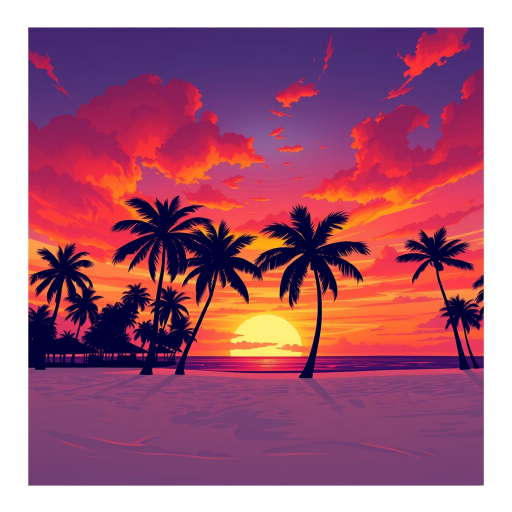Generate a vibrant digital illustration of a tropical beach scene at sunset with palm trees silhouetted against a colorful sky, emphasizing warm hues of orange, pink, and purple, using a digital art style with a high-resolution finish, set at 300 DPI, in a panoramic view, simulating a Canon EOS 5D Mark IV, with an aperture of f/8 to enhance depth of field.
