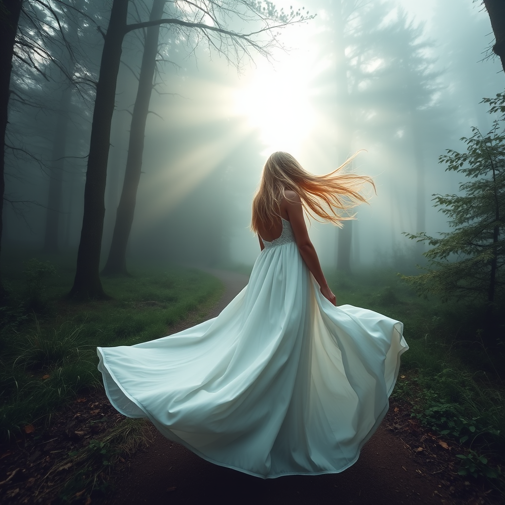 A wide-angle shot of a blonde woman standing on a misty forest path, wearing a flowing white dress. The rich fabric of her skirt billows gently in the wind, while her long blonde hair flows freely in the same breeze. The surrounding forest is enveloped in soft mist, creating a dreamy and ethereal atmosphere. Above her, the sunlight gently breaks through the fog, casting a faint glow over the scene. The woman's serene posture and the soft, natural light create a peaceful and mystical mood.