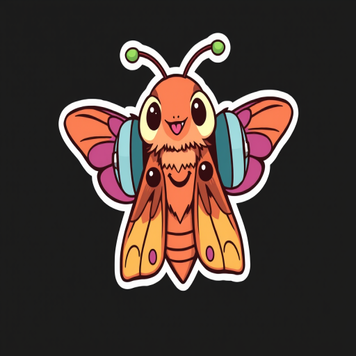 this image is sticker, Happy Colorful Moth wearing Headphones, kawaii, contour, vector, black background
