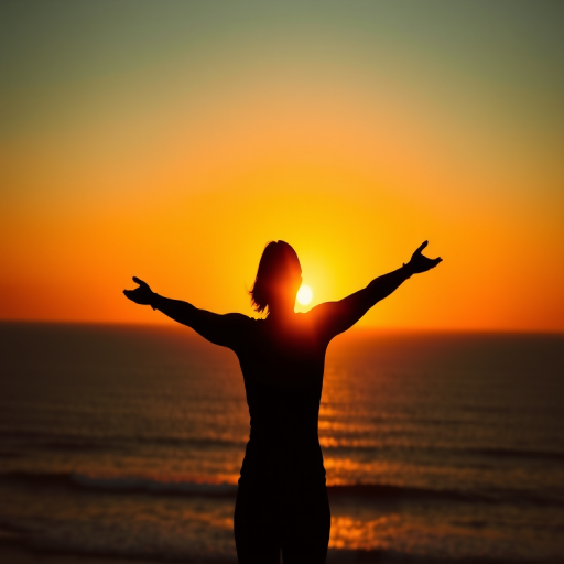silhouette of a person with outstretched arms against a vibrant orange sunset over the ocean