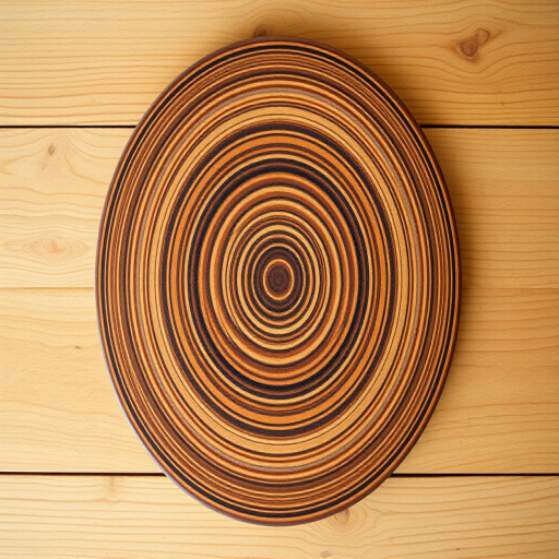 Create a high-resolution image of a wooden circular board with concentric rings, using a DSLR camera at f/2.8 aperture, ISO 100, with a 50mm lens, in natural light, top-down view on a wooden table, ensuring sharp focus and rich texture.
