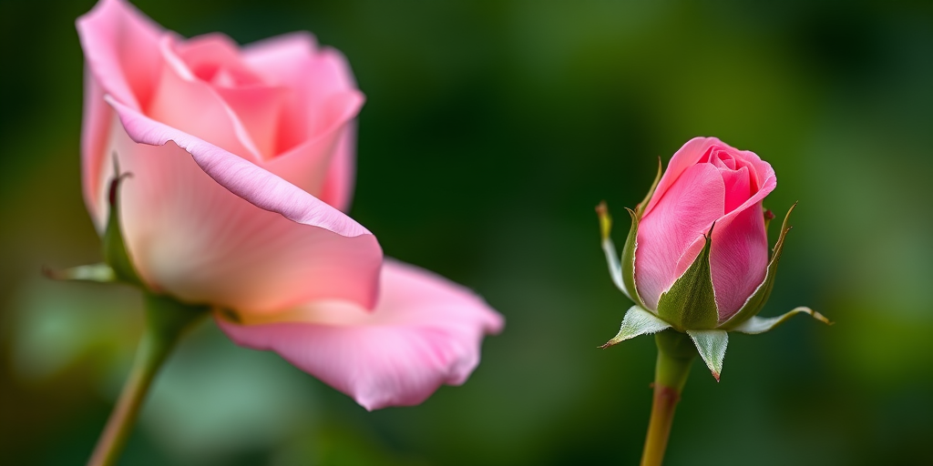 A close-up shot of a pink rose and a budding rosebud against a blurred green background, using a Canon EOS 5D Mark IV, aperture f/2.8, ISO 100, 50mm lens, with soft natural lighting to enhance the details and colors of the petals and leaves.