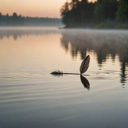 Softly focused image of a single feather floating on a still lake at dawn, soft mist rising from the water, with distant trees and a peaceful, serene atmosphere blending into the background.