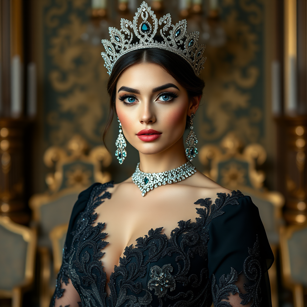 A gorgeous Azerbaijani woman in a luxurious black gown, accessorized with a dazzling tiara and statement earrings, her deep cyan eyes highlighted by impeccable makeup, poised in a royal setting, photorealistic, 8K quality