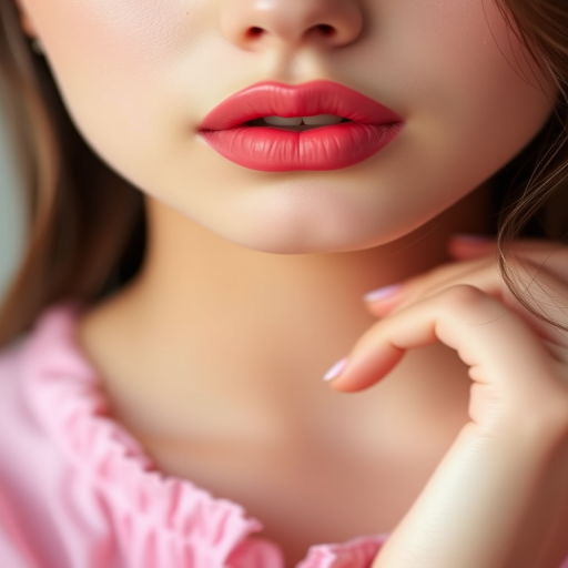 Romantic "Rosebud Pink" lips featuring a delicate, semi-matte pink shade, softly blurred at the edges for a dreamy, youthful look