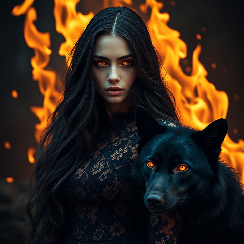 A woman with long dark hair, wearing a black lace dress that seamlessly blends into her skin with intricate floral patterns. She is in the foreground, with a black wolf beside her; its fur is midnight black, and it has glowing, intense, orange eyes that match hers. Her eyes are partially closed with burning embers above them, giving a fiery and mystical aura. The background is engulfed in tall, roaring flames, contributing to an overall dark and supernatural atmosphere. The colors are intense, predominantly black, fiery orange, and deep reds, with sharp contrast highlighting the mysterious and fierce theme. The flames are bright and dynamic, casting dramatic light and shadow, illuminating the woman and wolf while leaving parts in near darkness. The image evokes a sense of otherworldly power and connection between the woman and the wolf.