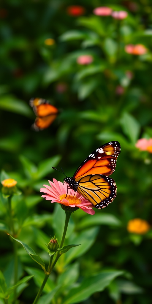Generate an image of two butterflies in a lush green garden. One butterfly is in clear focus resting on a flower, while the other is slightly blurred in motion nearby. The background should be filled with vibrant green foliage to create a serene natural setting.