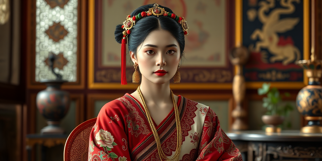 A beautiful Guarani woman in traditional East Asian attire, intricately detailed with embroidered patterns, sitting gracefully in a richly decorated room, soft ambient lighting, serene and elegant, ultra-realistic, 8K resolution