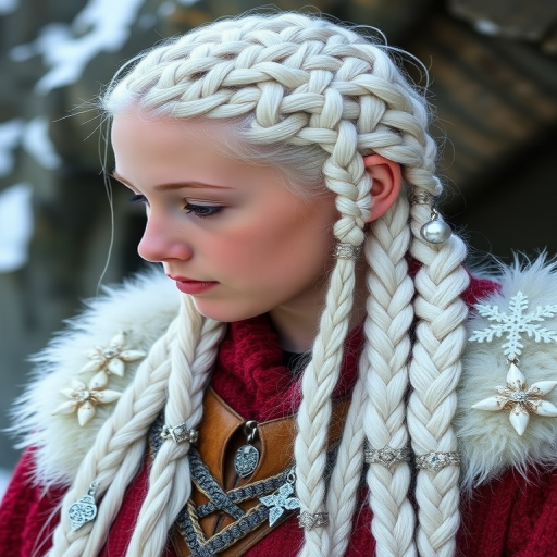 Icy platinum Viking braids named Frost Warrior featuring an intricate network of tight cornrows and hefty plaits adorned with silver beads and delicate snowflake charms