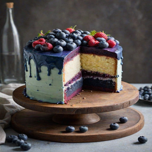Generate an image of a beautifully layered cake with a dark blue and purple interior. The cake should have a smooth, light-colored frosting and be topped with fresh blueberries. A slice should be cut out to reveal the vibrant layers inside, showcasing a mix of textures and colors. The cake is placed on a wooden cake stand with a rustic feel.