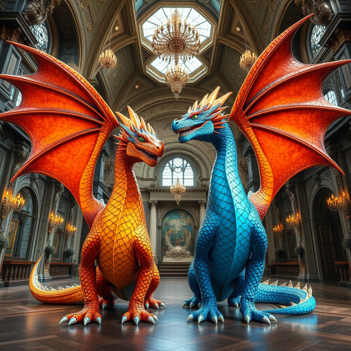 Create an image of two majestic dragons with vibrant blue and orange scales, standing in an ornate castle interior with elaborate decorations, using a Canon EOS R5 camera, 50mm lens, f/1.8 aperture, ISO 100, 1/200 sec shutter speed, capturing a wide-angle view with high dynamic range and rich colors.