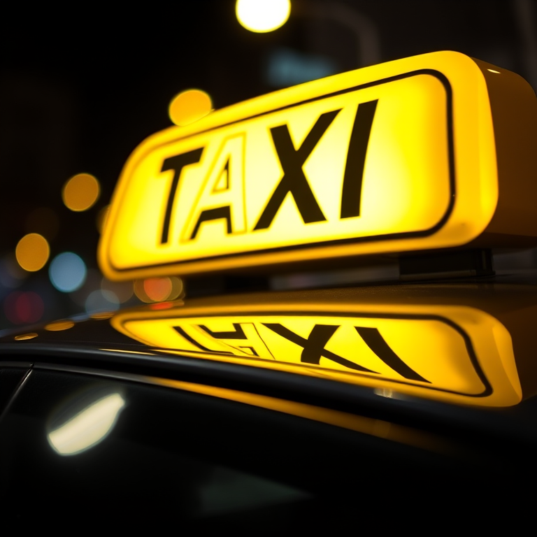 Create an image of a taxi sign illuminated at night, with a shallow depth of field, capturing soft bokeh lights in the background, using a DSLR camera, 50mm lens, f/1.8 aperture, ISO 200, shutter speed 1/200s, from a low angle view to emphasize reflections on the taxi roof.
