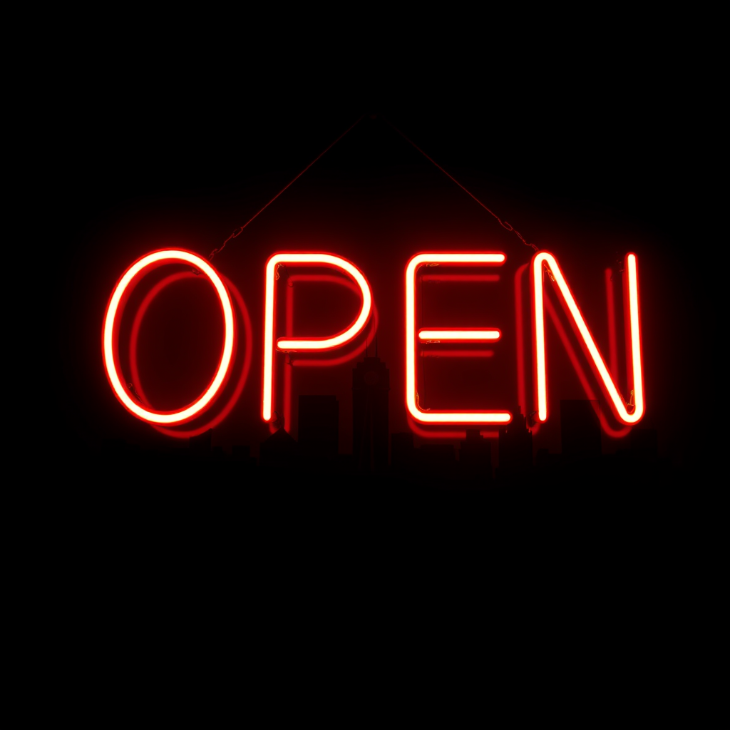 regenerate a neon "OPEN" sign glowing against a dark background with a city skyline silhouette, shot with a DSLR camera, 50mm lens, aperture f/1.8, ISO 100, 1/60 sec exposure, in low light conditions.