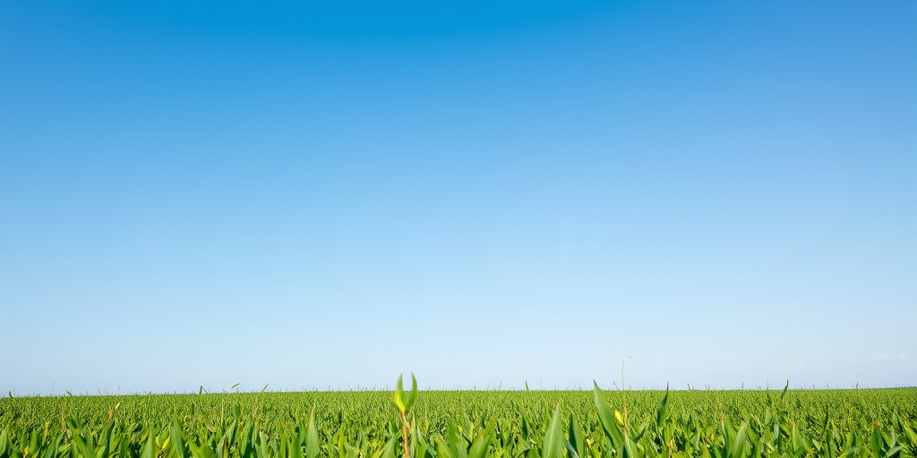 Create an image of a serene landscape with a clear blue sky and lush green fields in the foreground, using a DSLR camera with a 24mm lens, aperture f/8, shutter speed 1/250s, ISO 200, shot from a low angle to emphasize the foreground and create depth.