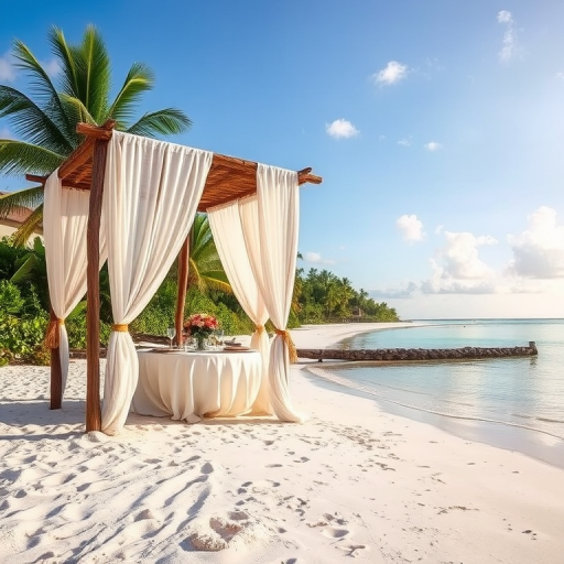 Create a picturesque tropical beach scene featuring a serene, white sandy shore. In the foreground, there's a rustic wooden canopy with white drapes gently flowing in the breeze. Underneath the canopy, a table is set with tropical decor, evoking a sense of relaxation and leisure. The beach extends into a calm, shallow water area with reflections of the sky and surroundings. Palm trees and lush greenery line the edge of the beach, providing a natural, tropical backdrop. The sky is clear with a few scattered clouds, and the overall atmosphere is tranquil and inviting, perfect for a peaceful retreat.