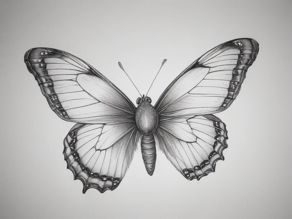 Intricate Black and White Drawing of a Majestic Butterfly Displaying ...
