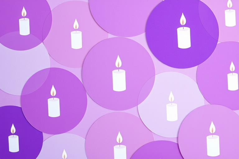 Create a vibrant pattern featuring overlapping purple and pastel circles with white candle illustrations, soft focus background, taken with a DSLR camera at f/2.8, ISO 100, 50mm lens, top-down view, bright and airy style.
