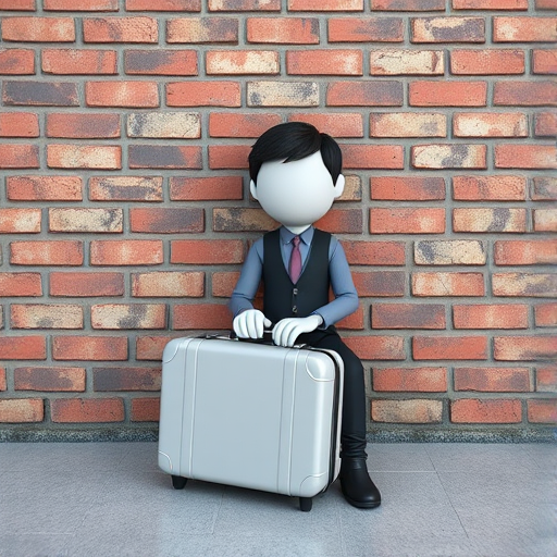 Generate an image of a 3D character sitting against a cracked brick wall, holding a transparent suitcase, taken with a DSLR camera, 50mm lens, f/2.8 aperture, ISO 100, 1/125 sec shutter speed, natural lighting, and a shallow depth of field for a soft background blur.