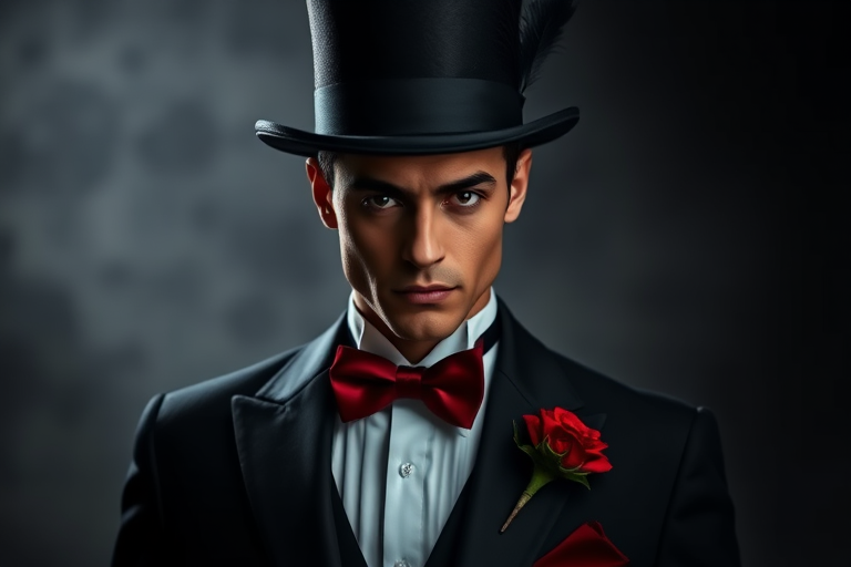 Create a portrait of a mysterious figure in a classic black tuxedo with a red bow tie and a red rose on the lapel, wearing a tall black hat with a feather, dramatic lighting, soft focus background, taken with a DSLR camera at f/1.8, ISO 100, 85mm lens, natural light.