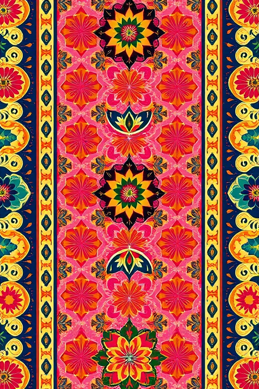 Create a vibrant and intricate pattern featuring decorative borders in various colors and styles, captured with a Canon EOS R5, 50mm lens, f/2.8 aperture, ISO 100, with soft natural lighting and a shallow depth of field for enhanced detail.