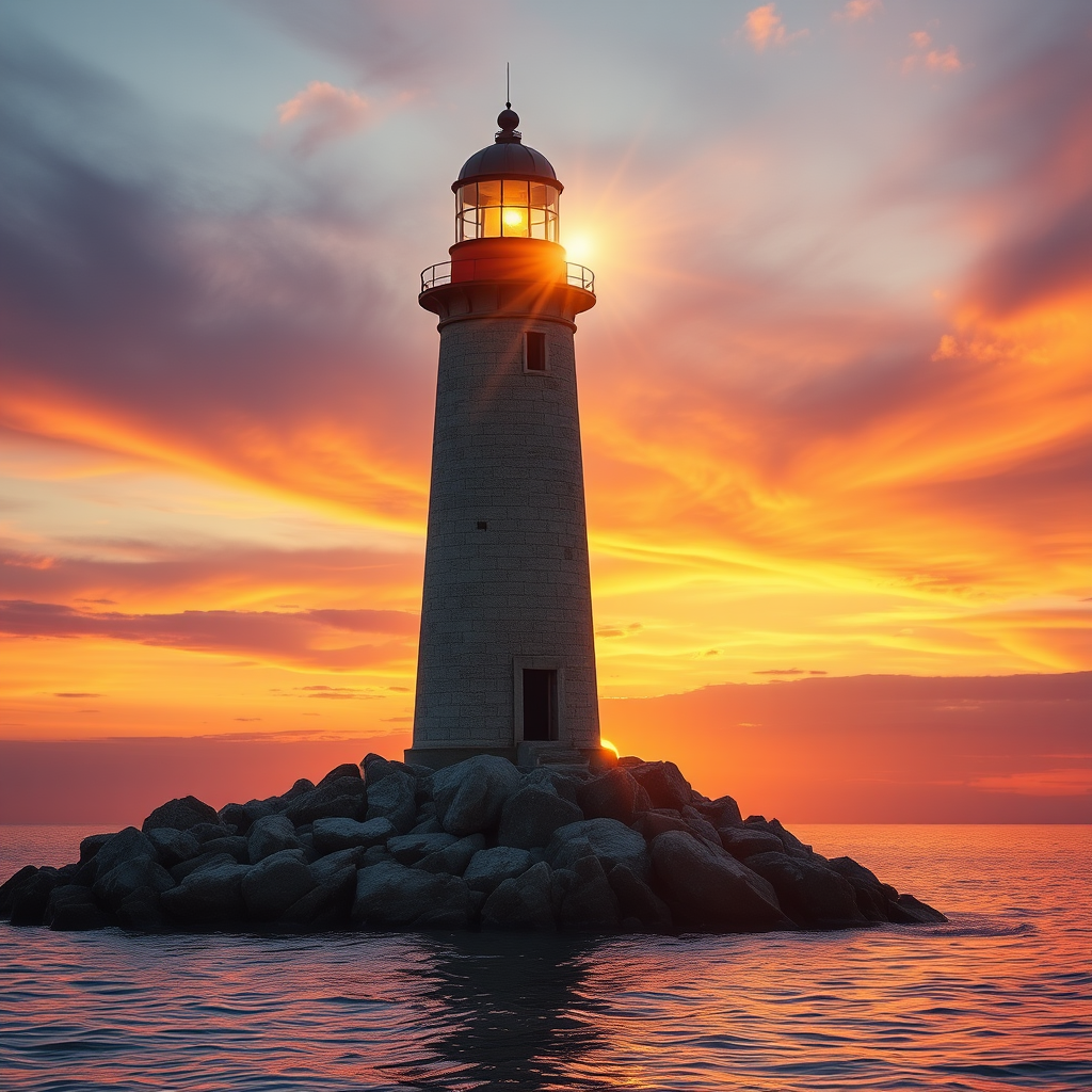 Generate an image of a tall lighthouse perched on a rocky outcrop surrounded by calm ocean waters during a breathtaking sunset. The lighthouse stands sturdy and weathered, its stone surface illuminated by the warm golden light of the setting sun. The sun's rays pass directly through the glass lantern room at the top of the lighthouse, casting a brilliant light across the scene. The sky is painted with vibrant shades of orange, pink, and purple, reflecting off the tranquil sea. The surrounding water shimmers with the same warm hues, creating a serene and majestic atmosphere.