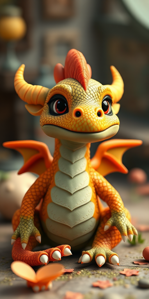 Create a highly detailed 3D render of a cute dragon-like creature with textured scales, vibrant orange and green colors, sitting in a whimsical setting, captured with a Canon EOS R5, 85mm lens, f/1.8 aperture, ISO 100, and soft natural lighting.