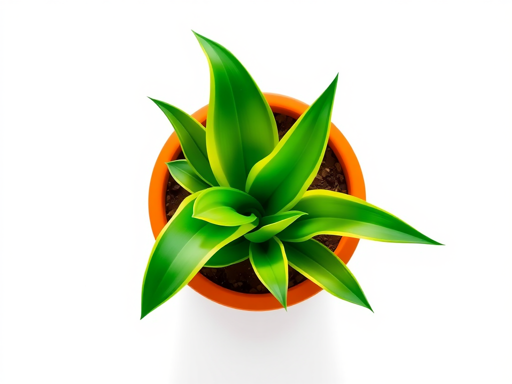 Create a vibrant illustration of a snake plant in an orange pot with a clean white background, using a high-resolution digital art style, simulated camera settings of f/2.8 aperture, ISO 100, and 1/60 shutter speed for sharp details, in a top-down view.