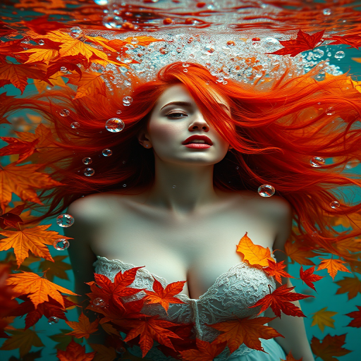 Create a vibrant underwater scene of a woman with flowing red hair surrounded by colorful autumn leaves and bubbles, shot with a Canon EOS R5, 50mm f/1.2 lens, aperture f/2.8, ISO 100, in a high-resolution portrait style, soft lighting for a dreamy effect.