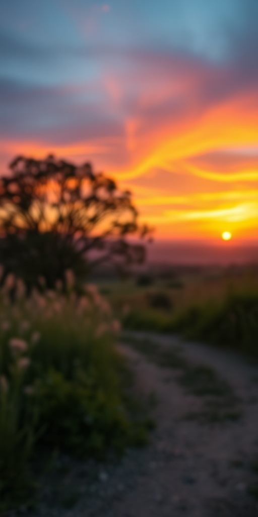 Create a high-resolution image of a serene landscape at sunset with vibrant colors, using a Canon EOS R5 camera, 50mm lens, f/1.8 aperture, ISO 100, and a 1/200s shutter speed, capturing a wide-angle view with soft focus background.