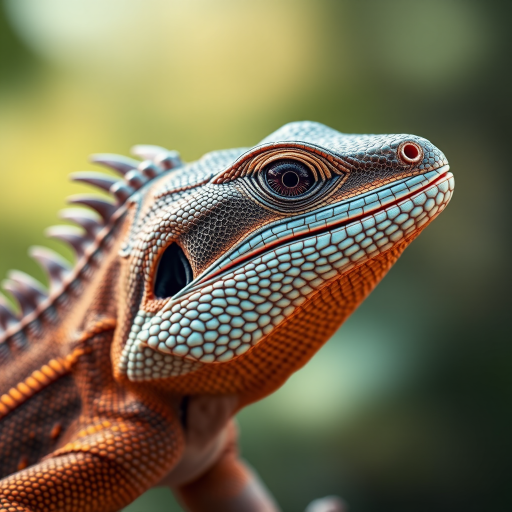 Create a highly detailed close-up image of a lizard with intricate scales, sharp features, and a striking eye, set against a soft, blurred natural background.