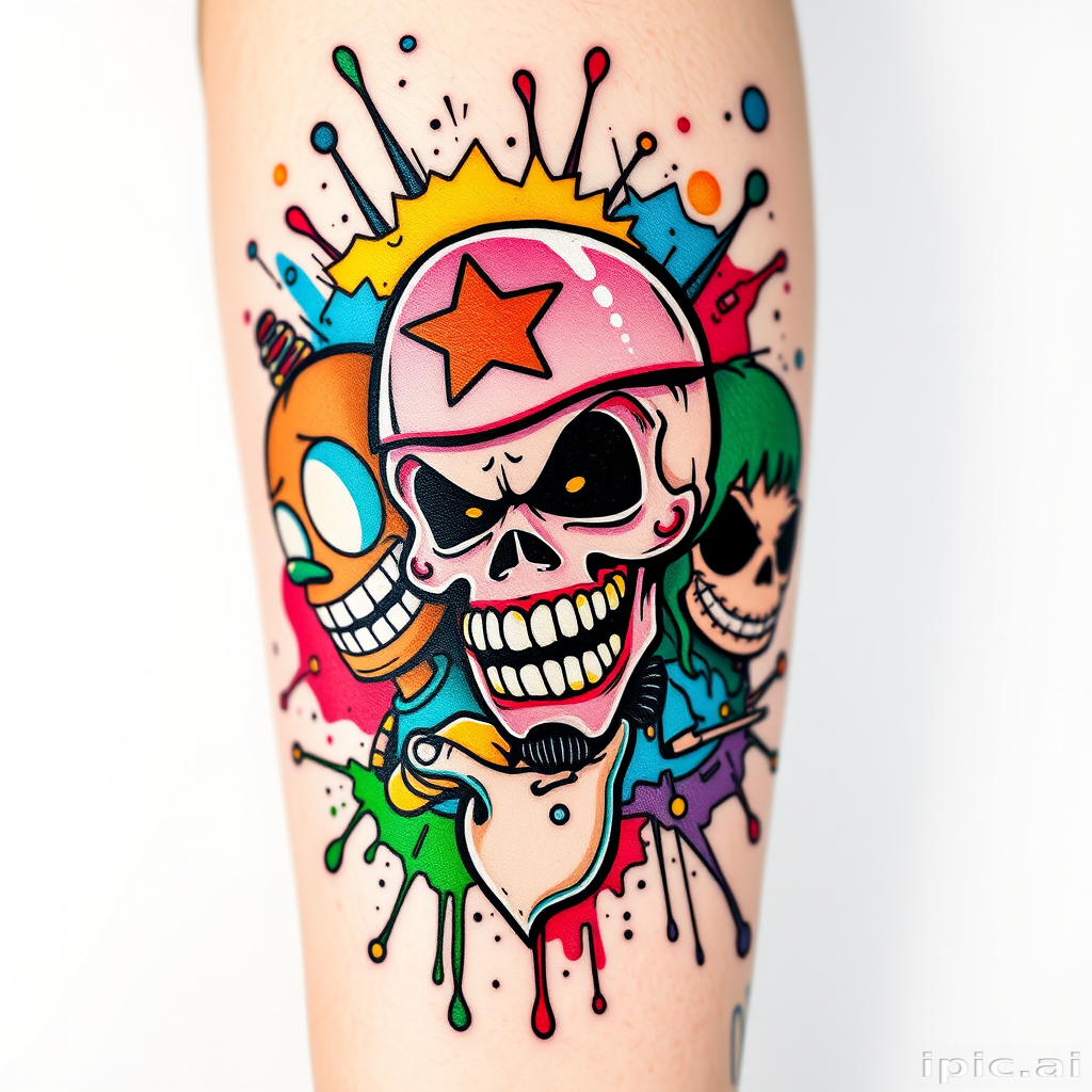 New school graffiti tattoo with bold, cartoonish characters and vibrant color splashes, incorporating elements of street art and pop surrealism for a dynamic and playful design