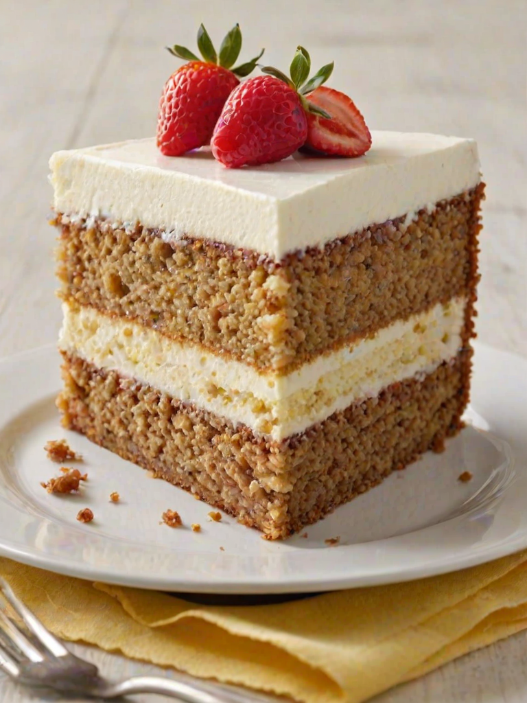 Generate an image of a slice of layered cake with three distinct layers. The cake should have a light yellow sponge base, with thick layers of white frosting in between. The top should be slightly toasted or browned, giving a contrast to the soft texture of the cake. The slice should be presented on a simple white plate.