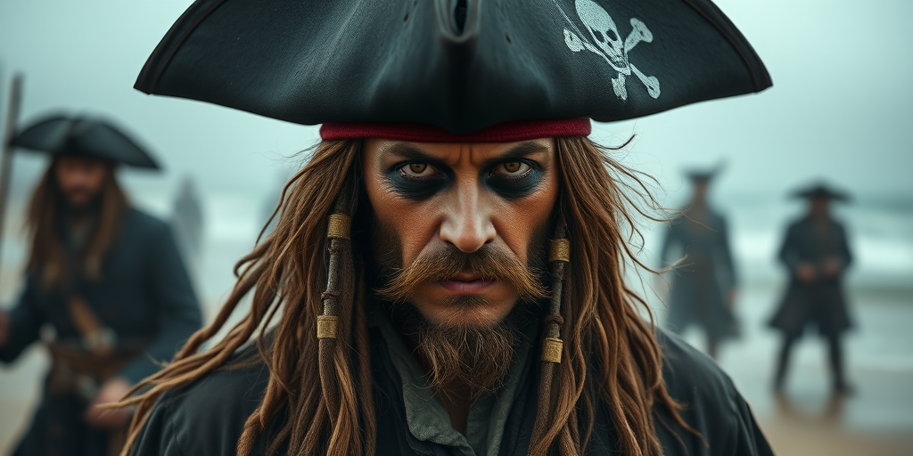 Create a high-resolution image of a rugged pirate with long, messy hair and a large black hat, standing on a foggy beach with his intense gaze directed at the viewer, blurred figures of other pirates in the background, captured with a Canon EOS R5, 50mm lens, f/1.8 aperture, 1/200s shutter speed, and ISO 400 for enhanced depth and detail.