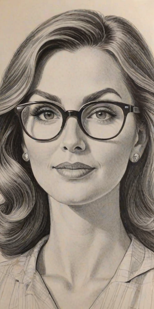 Bewitching Heather McDonald, pencil sketch, portrait of Pleasing woman 1956s in glasses, hair style beatnik, outline, clear lines, fine lines, 8k