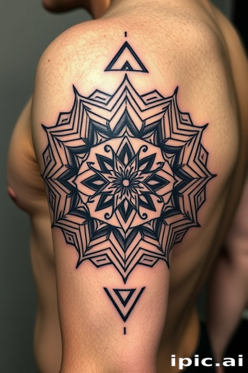 Geometric blackwork tattoo called "Sacred Geometry" incorporating intricate mandala patterns with sharp angles and bold lines forming a mesmerizing optical illusion across the skin
