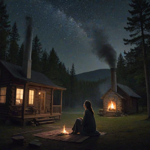 Secluded forest cabin, smoke rising from the chimney, a woman sits on the porch wrapped in a blanket, her breath visible in the chilly evening air as she watches the stars begin to appear.