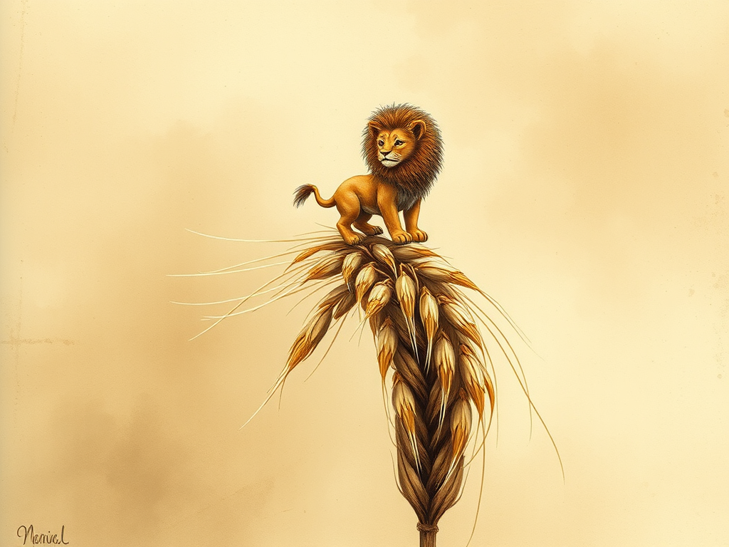 Soft, muted Alcohol Ink with ebru effect background image of tiny whimsical lion, who climbed high on the top of a golden rye ear.