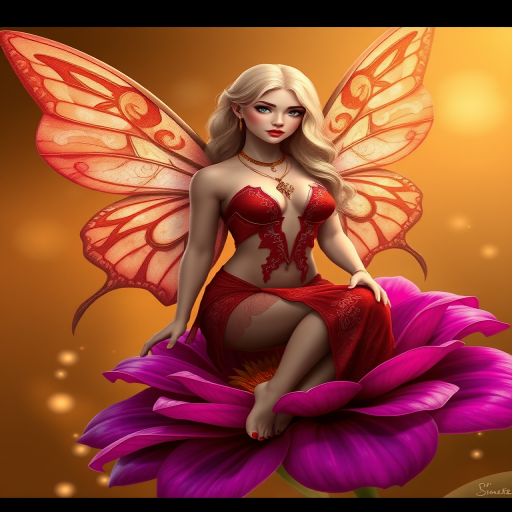 A digital artwork features a winged fairy with delicate Salmon butterfly wings, adorned with intricate Beige andMahogany patterns. She is seated on a vibrant Plum flower, wearing a revealing red two-piece outfit with sparkling beadwork. Her fair skin, long blonde hair, and gold jewelry add to her ethereal appearance. The background is a warm, golden gradient, creating a magical atmosphere. Small glowing orbs and sparkles surround the flower, enhancing the enchanting, highly detailed, and realistic scene.