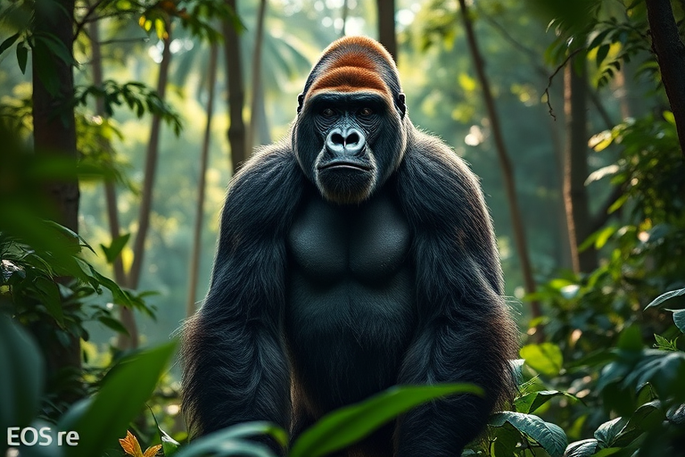 Create a hyper-realistic image of a large gorilla standing in a dense forest with sunlight filtering through the trees, using a Canon EOS R5, 85mm lens, f/1.8 aperture, ISO 100, natural daylight, shallow depth of field, emphasizing rich greens and detailed fur texture.