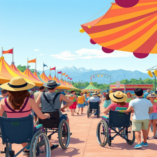 Create an illustration of a vibrant amusement park scene with diverse visitors including people in wheelchairs, wearing sun hats, and enjoying attractions, with colorful tents and mountains in the background, captured with a 50mm lens, f/2.8 aperture, ISO 100, bright daylight, and a slightly elevated view for better depth.
