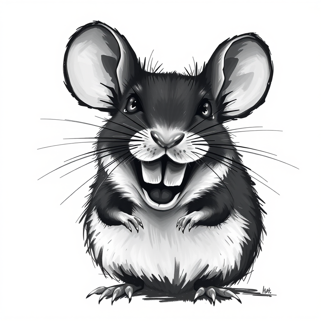 Abstract black and white acrylic portrait of an over exaggerated laughing (mouse). Minimalism style. White background.