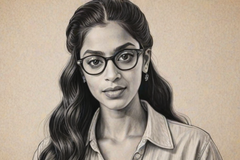 Bewitching Lilly Singh, pencil sketch, portrait of Fascinating woman 1931s in glasses, hair style beatnik, outline, clear lines, fine lines, 8k