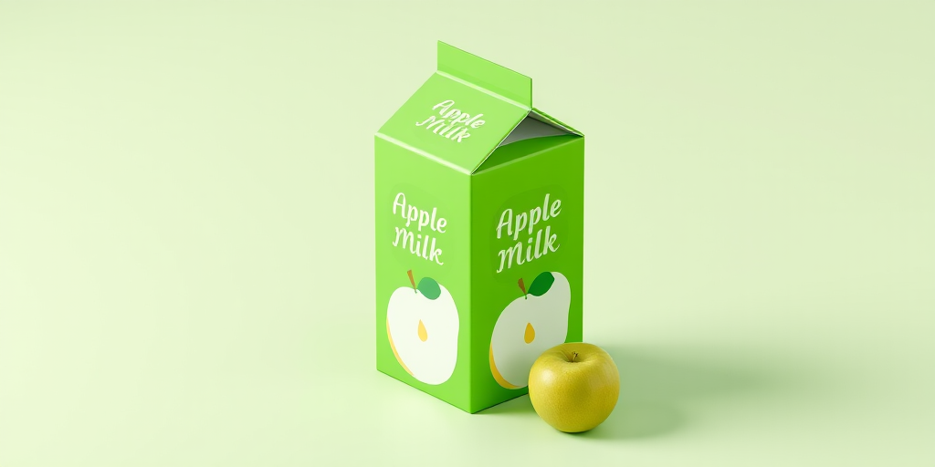 Create a realistic 3D rendering of a green apple milk carton in an isometric view, with soft lighting, high detail, a focus on the texture of the carton, using a DSLR camera with a 50mm lens at f/2.8, ISO 100, and a shutter speed of 1/200 sec.