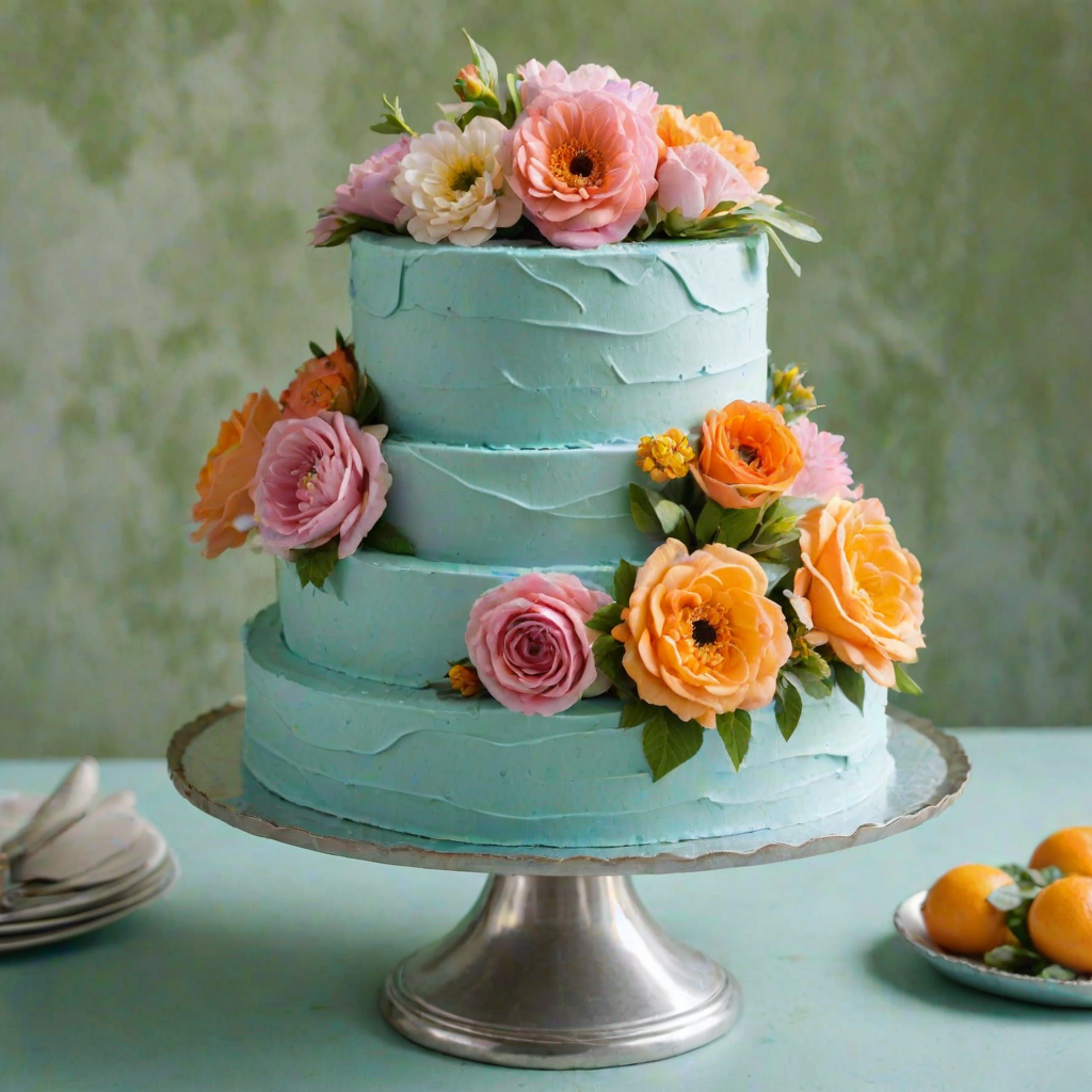 Create an image of a two-tiered cake with a light blue frosting. The cake should be adorned with colorful, delicate flowers in shades of pink, orange, and yellow, cascading down the sides. It should be displayed on a shiny silver cake stand, set against a lush green background.