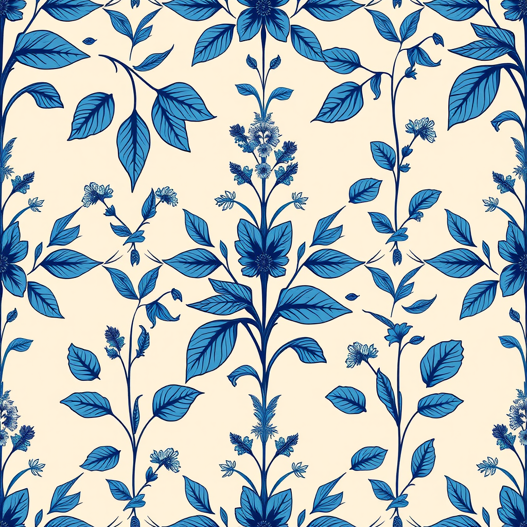 regenerate a seamless floral pattern featuring intricate blue leaves and flowers on a soft beige background, using a Canon EOS R5, 50mm lens, f/2.8 aperture, ISO 100, in natural light for enhanced clarity and detail.