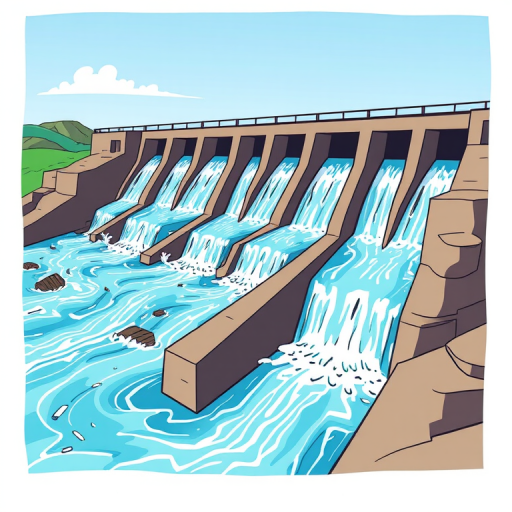 Regenerate an illustration of a dam with multiple water spillways, showcasing flowing water in a simplified yet colorful style, using a wide-angle lens, aperture f/8, ISO 100, and natural lighting to enhance the vividness and contrast.